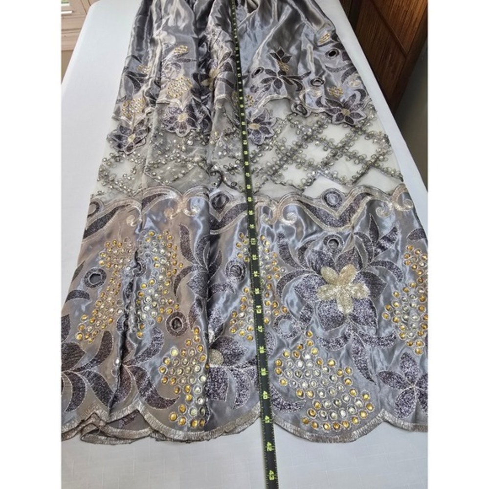 Silver Floral Sequin Embroidered Mesh Panel Maxi Skirt Elastic Waist Scalloped - Picture 4 of 5